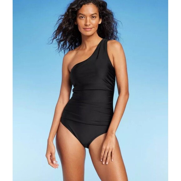 NWT Kona Sol Black Tummy Control One Shoulder Ruched Full Coverage Swimsuit Sz M - Picture 1 of 3